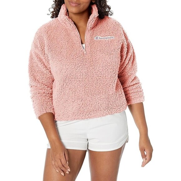Champion Tops - Champion Women’s Cozy Sweatshirts High Pile Quarter Zip In Dusty Pink Size M
